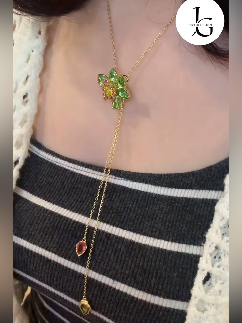 Green and Red Floral Pendant Necklace - Gold Tone